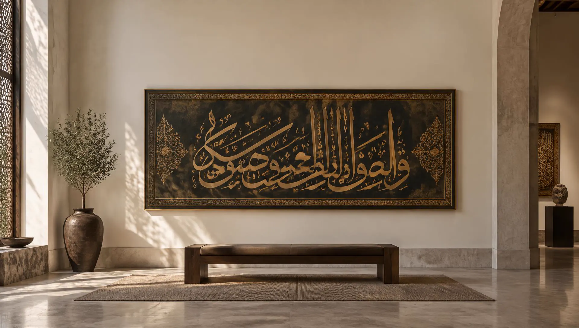 Arabic calligraphy displayed in a refined gallery interior